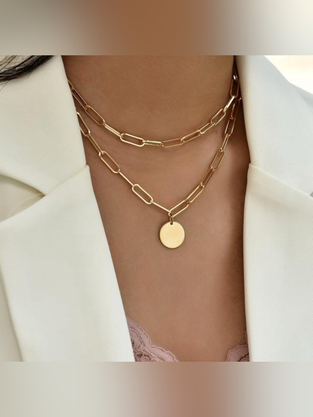 Gold Tone Paperclip Chain Layered Necklace with Round Pendant – Choker
